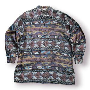 Vintage Stunt Collections Aztec Button Up Shirt Women Small 100% Silk Oversized